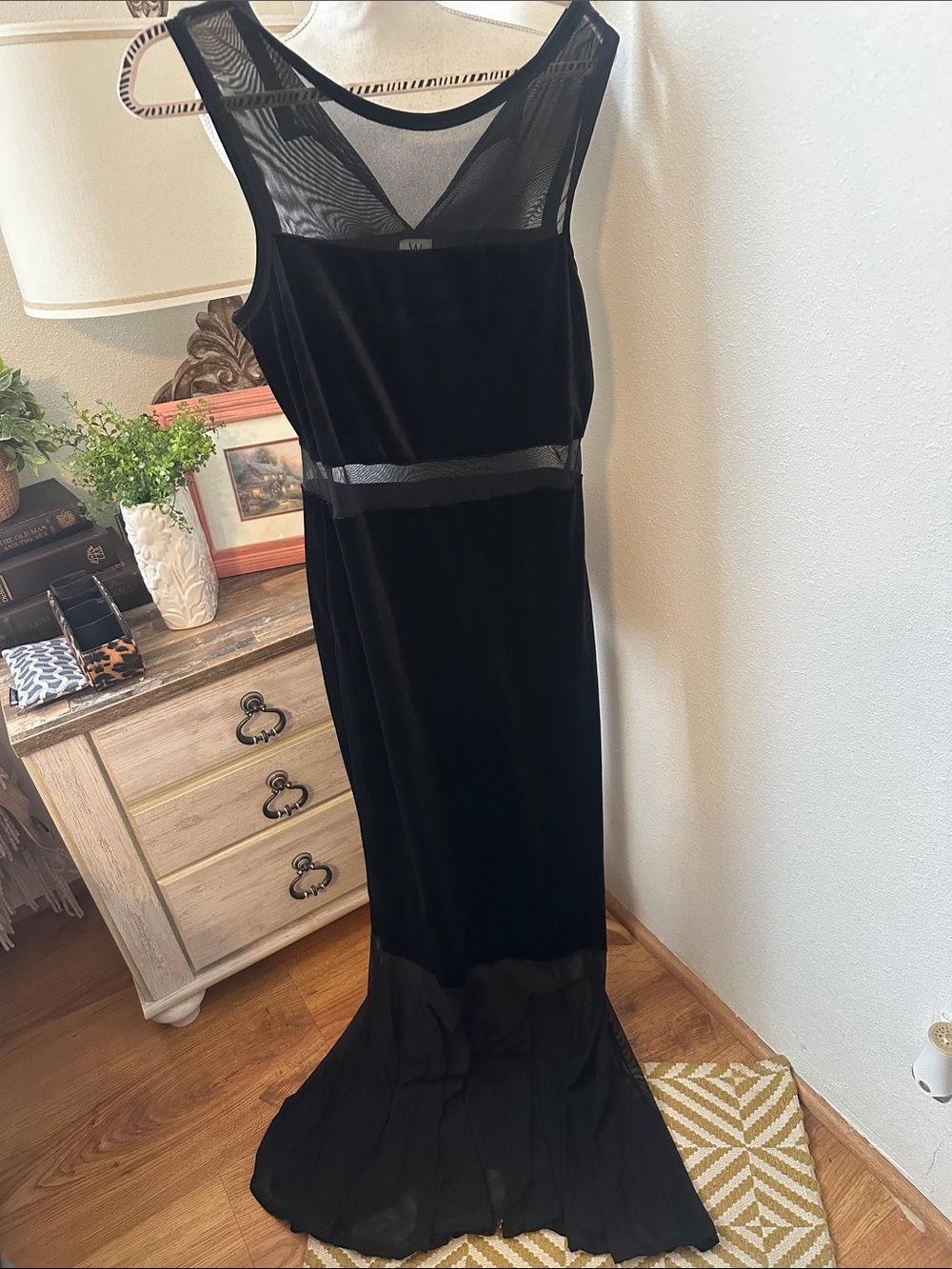 Wrapper Black Velvet Maxi Dress with Sheer Insets